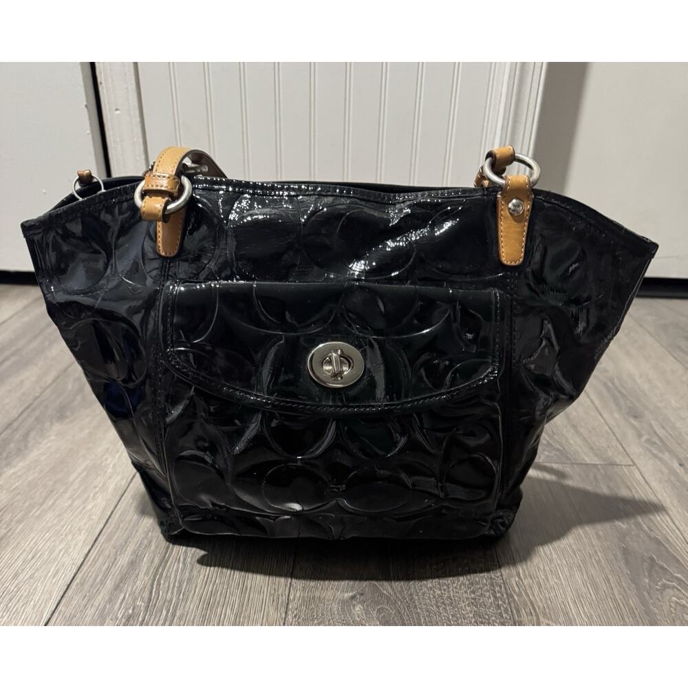COACH SIGNATURE LEAH EMBOSSED PATENT LEATHER SHOULDER TOTE BAG F14662 SHOPPER L - Picture 2 of 10